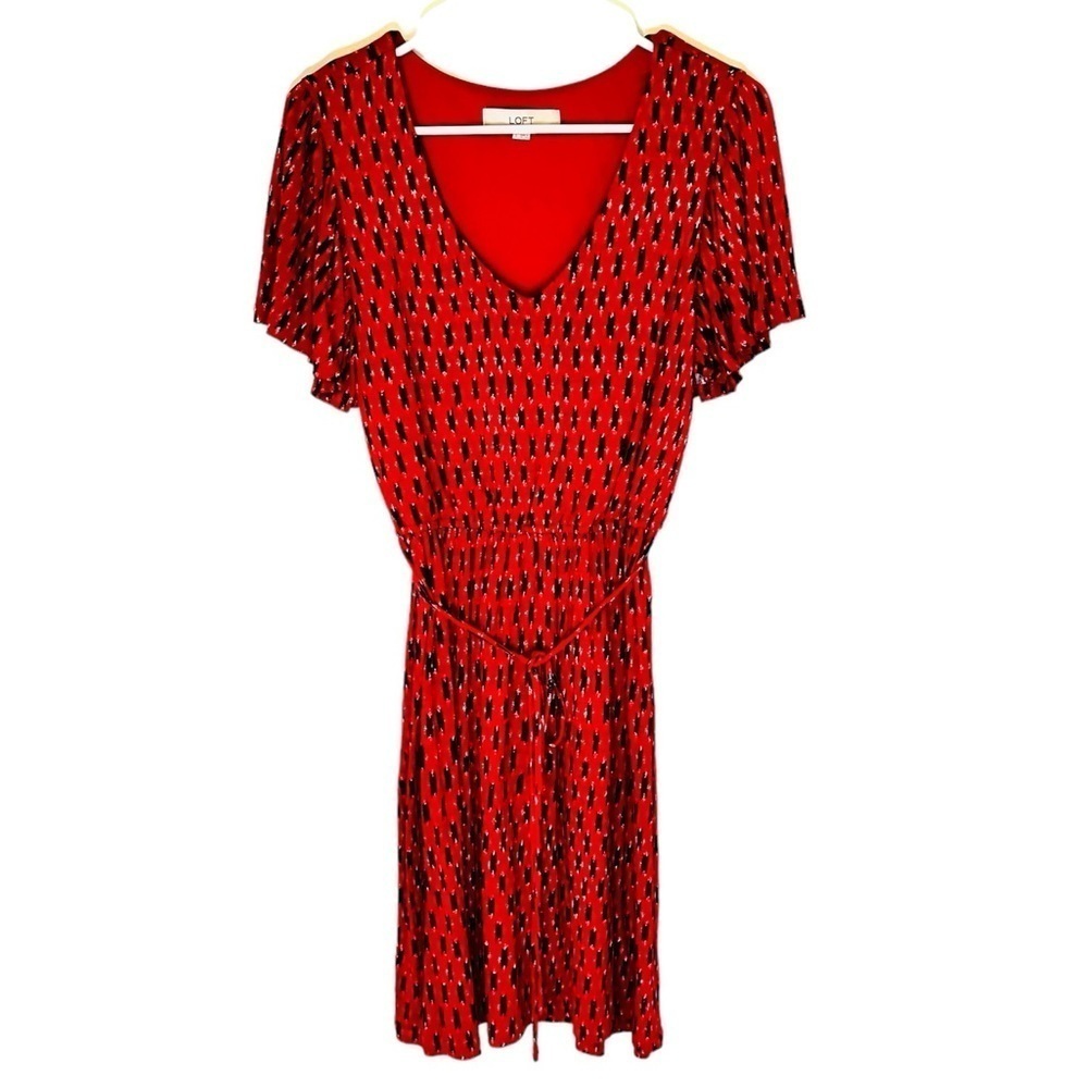 2/$30 - Loft - Red & Blue Patterned V-Neck Flutter Sleeve Dress – Small